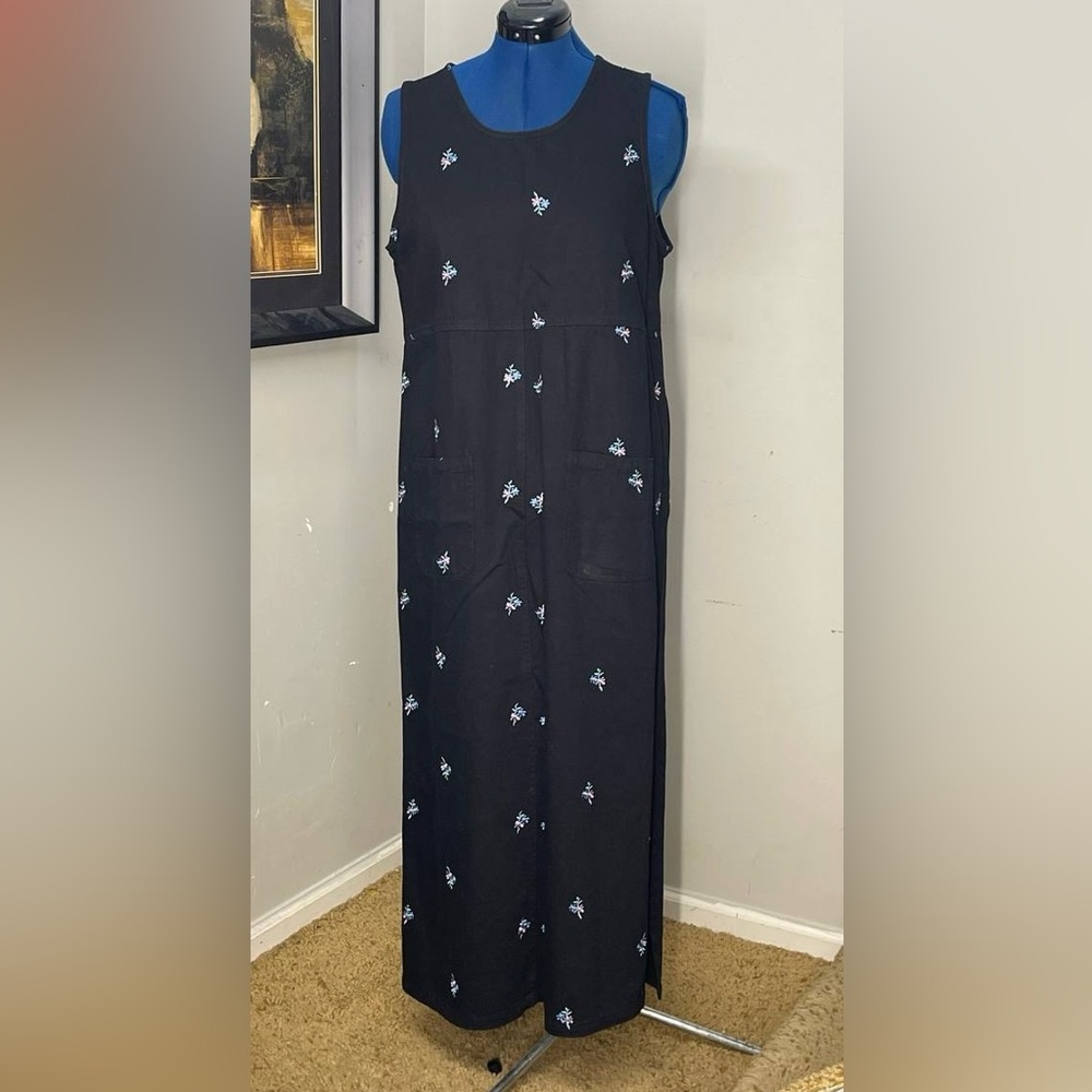 Denim Overall Dress  Med Maxi Blue‎ Floral Embroidered Sleeveless Y2K Prairie